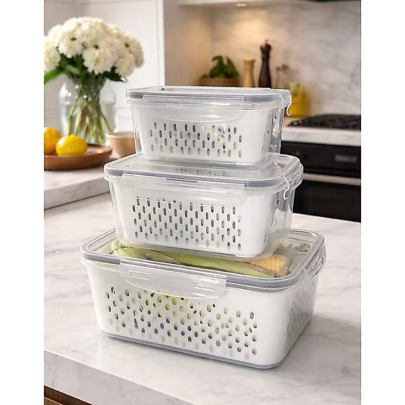 Kit 3 potes herméticos com tampa de vedação segura e design empilhável para geladeira