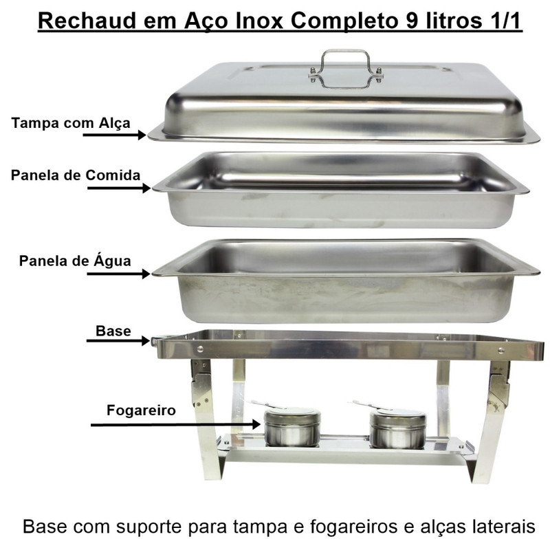 Rechaud Inox 9 Litros Panela Banho Maria Restaurante Buffet Servir 1/1, 1/2 ou 1/3
